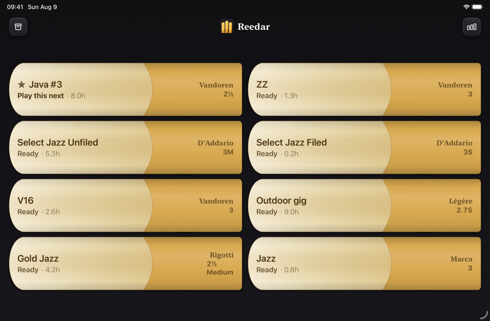 Reedar on iPad: two columns of four reeds filling the case.