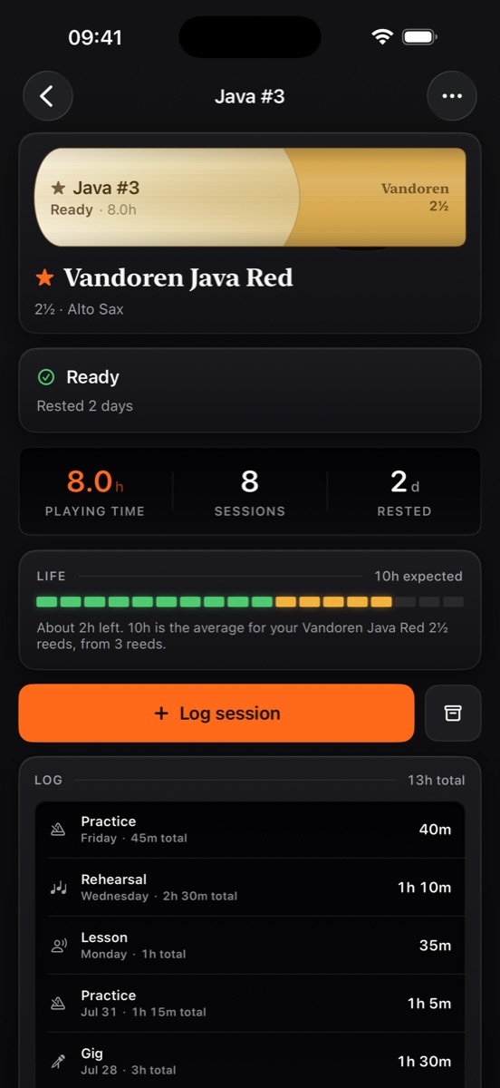 A reed's page: eight hours played over eight sessions, with a life bar and the full log.